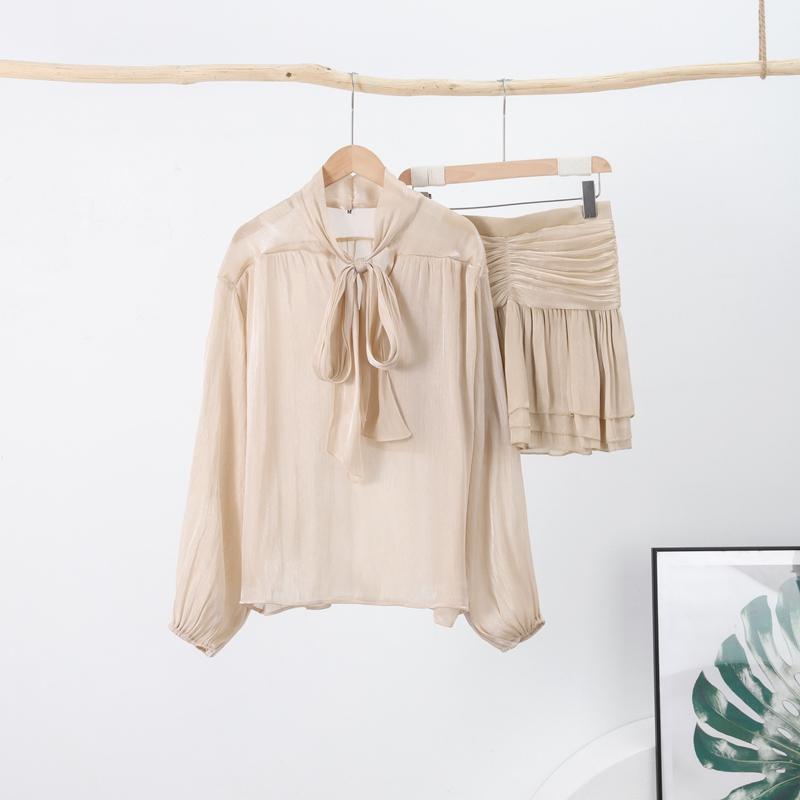 Шикарный бант-топ юбка костюмы женские шнуровка О-образный вырез рукав фонарь блузки высокая талия милая плиссированная юбка весна новый комплект из 2 предметов