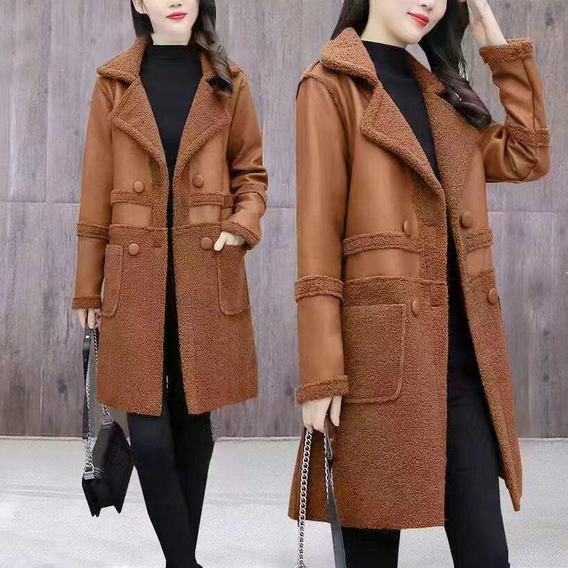 Женская куртка большого размера с воротником-лацканом, средней длины, из плотной кожи и флиса