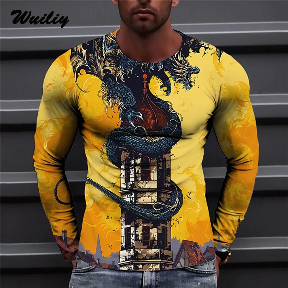 Мужская футболка с драконом, повседневная футболка с 3D принтом и длинным рукавом, волшебное животное, графический топ, футболки с уличным узором, мужские/женские футболки в стиле хип-хоп