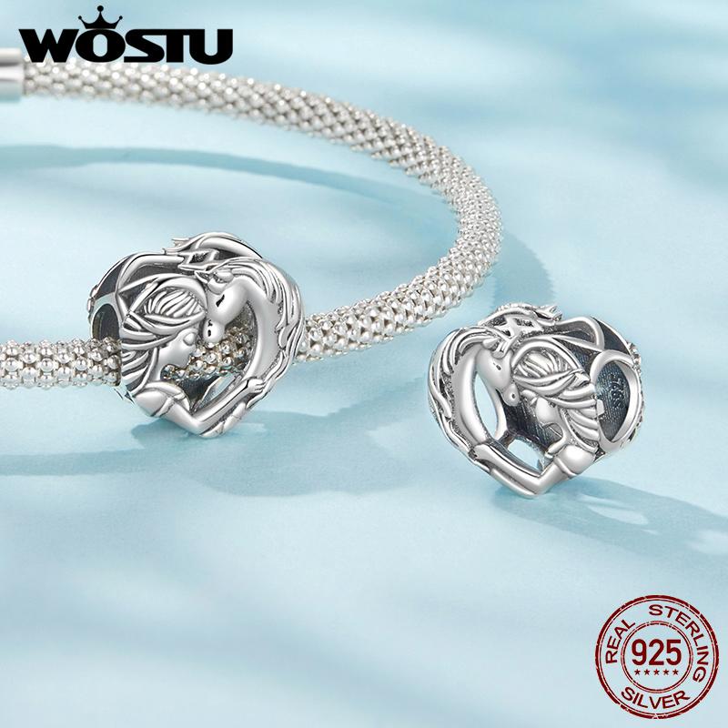 WOSTU Solid 925 Silver Lovely Girl & Horse Charm Heart Guardian Pendant Fit DIY Bracelet Necklace Heart Jewelry Series