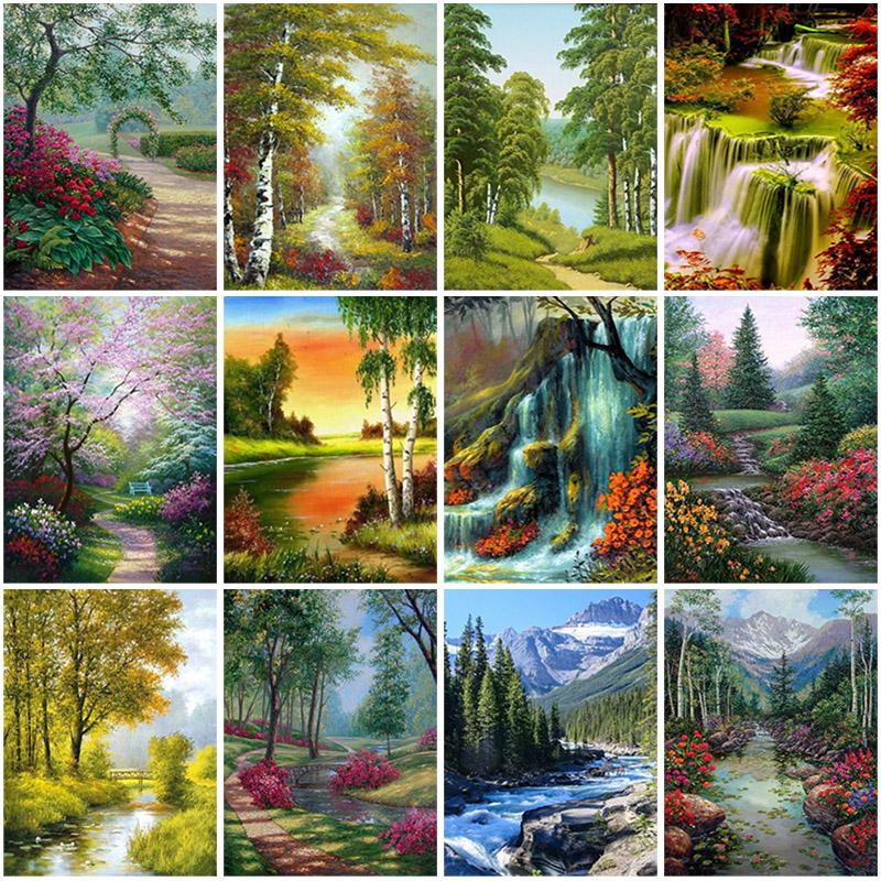 DIY Tree Creek 5D Diamond Painting Full Round Drill Scenic Diamond Embroidery Cross Stitch Mosaic Kits Wall Art Home Decor