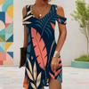 Women Plus Size V Neck Cold Shoulder Short Sleeve Tropical Leaf Printed Curved Hem Dress