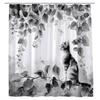 Шторка для душа с кошкой и зелеными листьями Весна Забавные животные Сельские растения Фиолетовая лаванда Акварель Цветочные цветы в стиле кантри