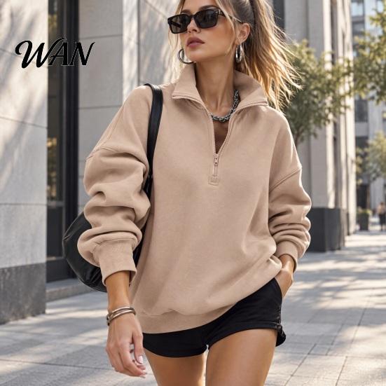 Athleisure Style Sweatshirt Women Oversized Sweatshirt, Stand Collar Zipper Half Placket Tops, Solid Color Basic Long Sleeve Lightweight Pullover Tops