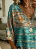 Turquoise retro geometric print T-shirt, plus size V-neck women's ethnic bohemian style