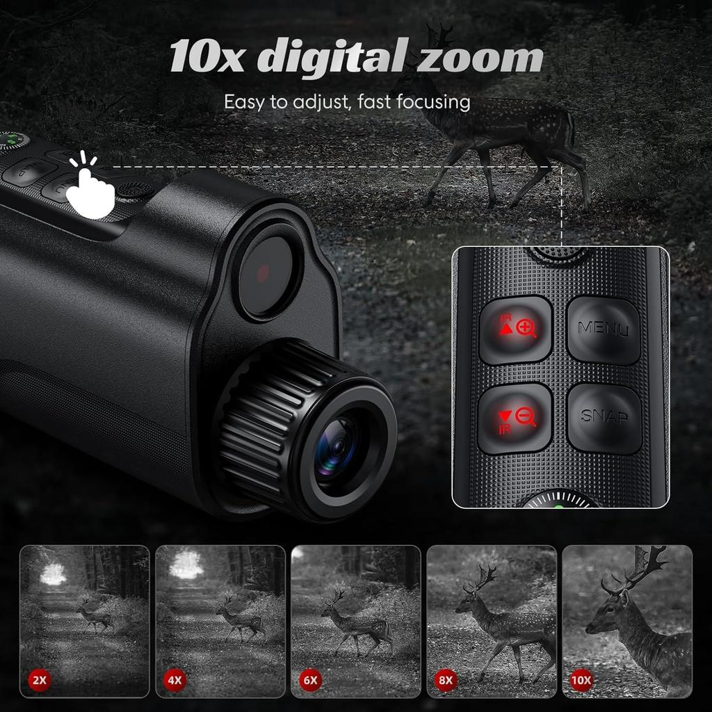 Handheld Night Vision Monocular with 2" HD Screen-Detection Range,10X Zoom for Camping Hunting&Wildlife Observation, Includes Compass&Supports TF Card