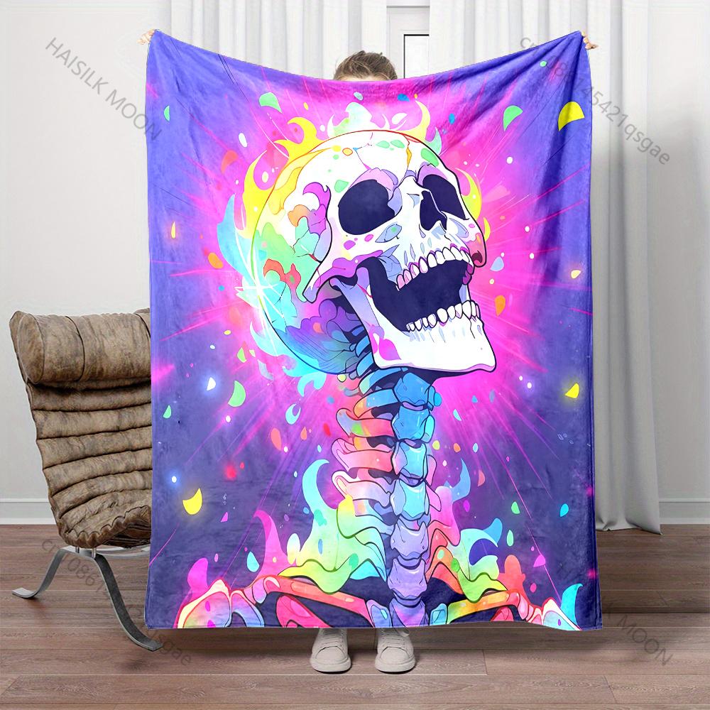 Multisize Neon Skull Art Blanket Warm Soft Fluffy Kids Adult Luxury Gifts for Sofa Bed Home Outdoor Travel Camping Blanket