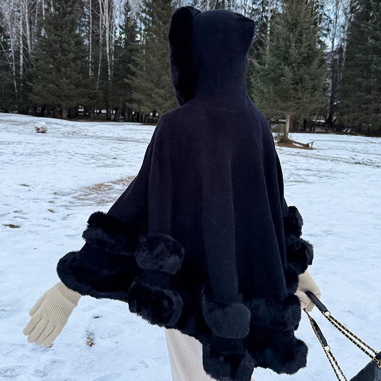 Женский пончо-накидка с капюшоном и отделкой из искусственного меха, теплая, с открытым передним краем, зимний шарф-накидка, объемное пальто-накидка