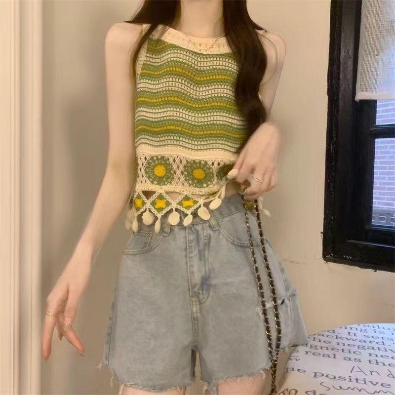 Вязаный крючком топ-майка с ажурной цветочной вышивкой, женский летний, ретро, этнический дизайн, с кисточками, короткий
