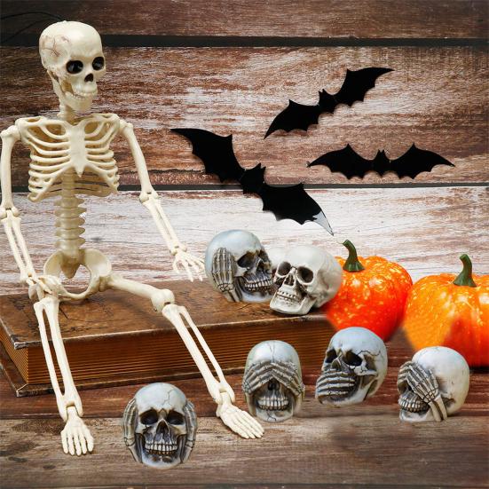 Halloween Skull Figurine See Speak Hear No Evil Resin Skeleton Head Realistic Human Skull Model Statue for Bar Home Table Decor