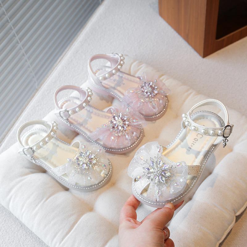Summer new girls sandals fashion bow bag head beach shoes little girl show bright diamond princess shoes