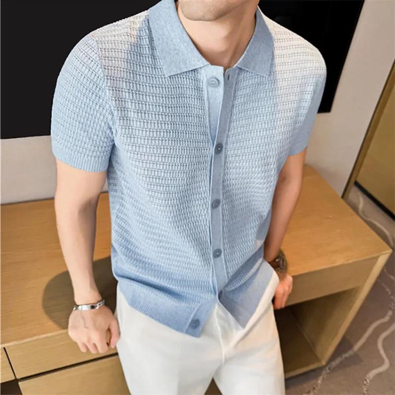 Летние мужские вязаные поло с коротким рукавом Smart Casual Легкий кардиган-поло с отложным воротником из льняной вязки Мужские дышащие поло