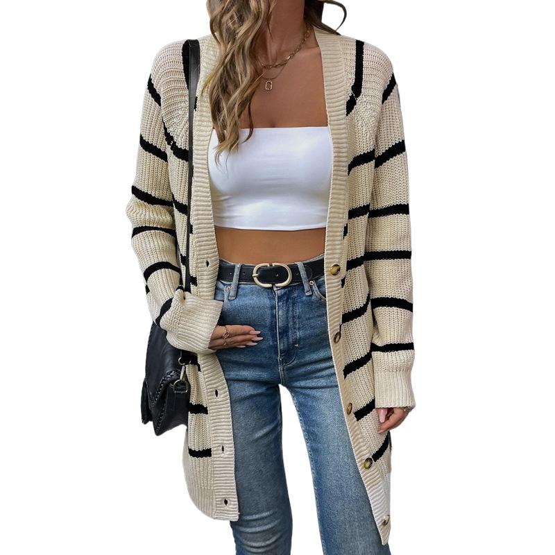 Autumn and Winter Striped Loose Cardigan Sweater Women's Casual Sweater
