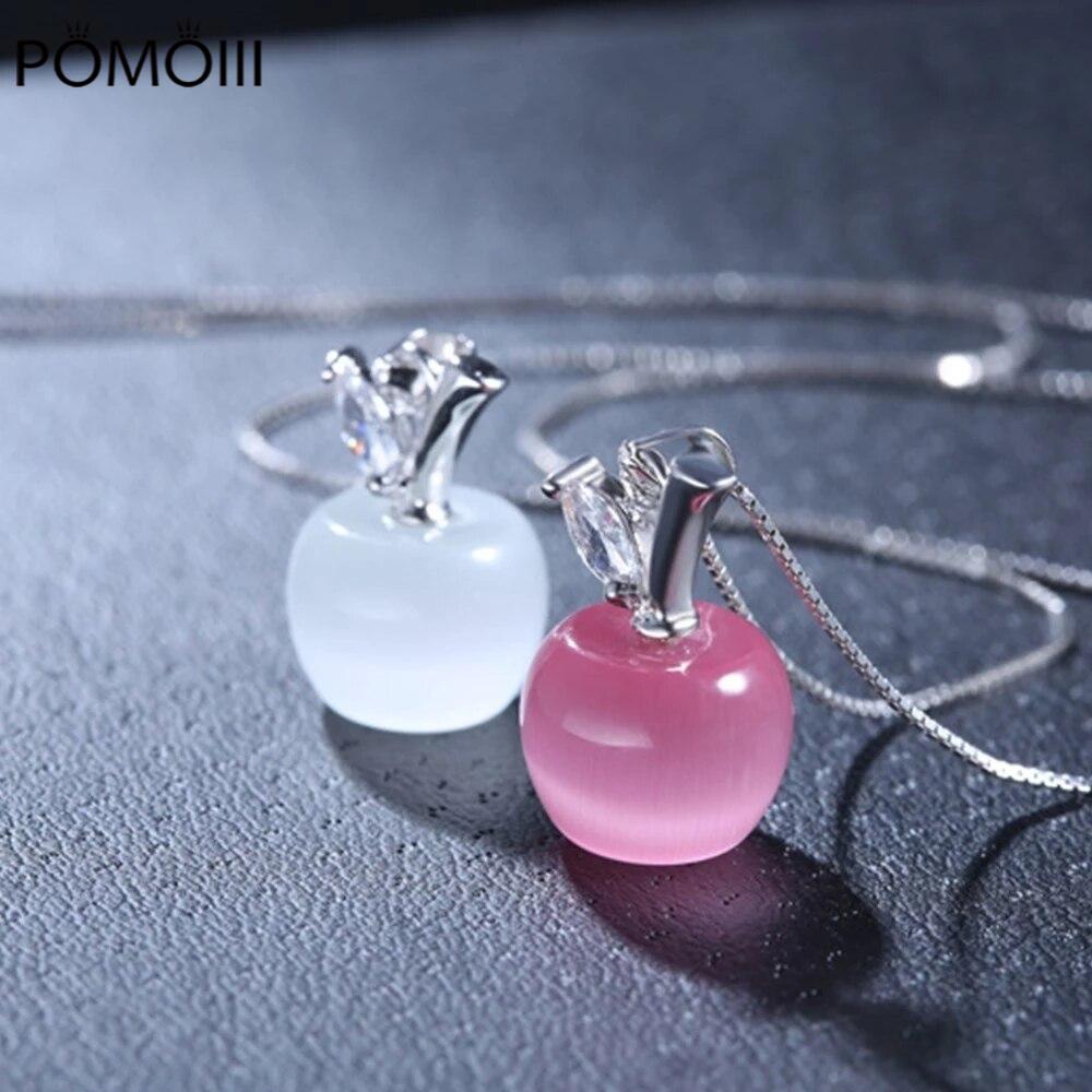 New 925 Sterling Silver Women Pendant Necklace Fashion High Quality Pink Opal Apple Shape Clavicle Chain Jewelry Length 45CM
