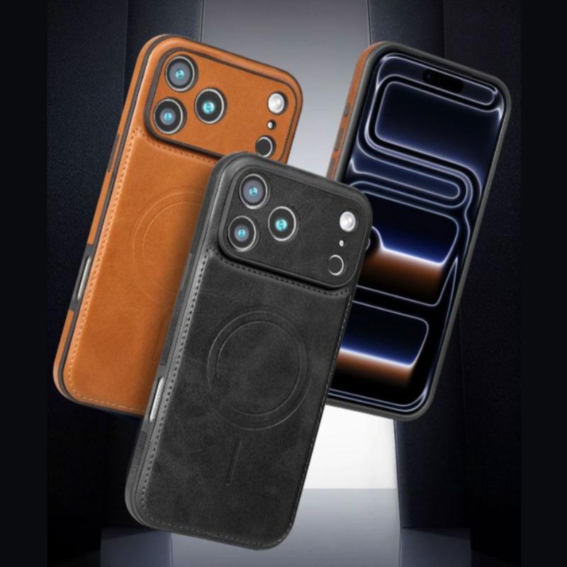 Luxury Cowhide Leather Lens Protection Case for iPhone 17 Pro Max Air 16 Pro 16e 15 Plus 14 13 12 Wireless Charging Phone Cover