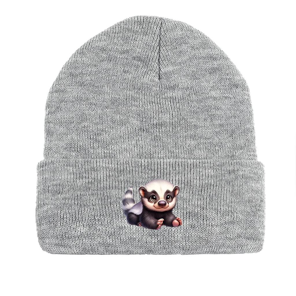 White Head Badger Print Knitted Cap Beanie, Animal Skull Cap Cuff Fit Stylish Bobble Hat Knit Hat Beanie