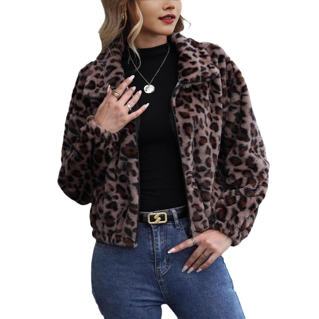Women's Plus Size Autumn and Winter Loose Zipper Long Sleeve Leopard Print Plush Jacket
