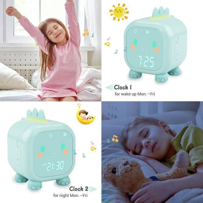 Mignon Dinosaure Réveil Numérique Enfant Lumière de Réveil et Veilleuse et Rappel de Musique, Heure et Température vert ENEVAOCT