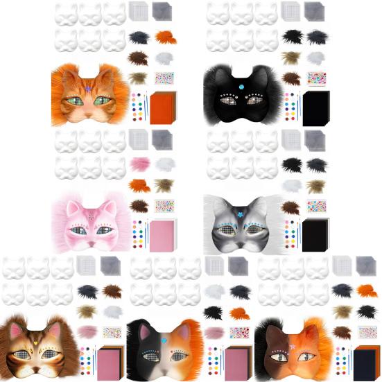 6Pcs Cat Masque Kit DIY Hand Painting Blank Cat Masque with Fur Eye Mesh Felt Sheet Furry Animal Therian Masquerade Accessory
