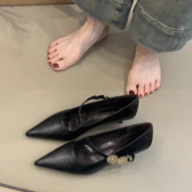 Вечерний ветер маленькие кожаные туфли с острым носком темперамент металлическая пряжка слово с высоким каблуком мелкий вырез 2025 весна и осень новые универсальные для работы