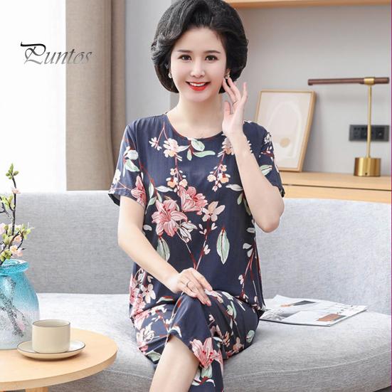 2 шт./компл. женский пижамный комплект среднего возраста с круглым вырезом и цветочным принтом, с коротким рукавом, эластичной резинкой на талии, плиссированные, свободные, тонкие, с широкими штанинами, мягкая одежда для сна для мамы, бабушки, топ
