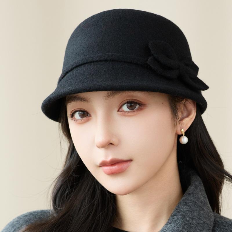 Autumn and winter new wool woolen basin hat women's fashion bow warm equestrian hat versatile face hat