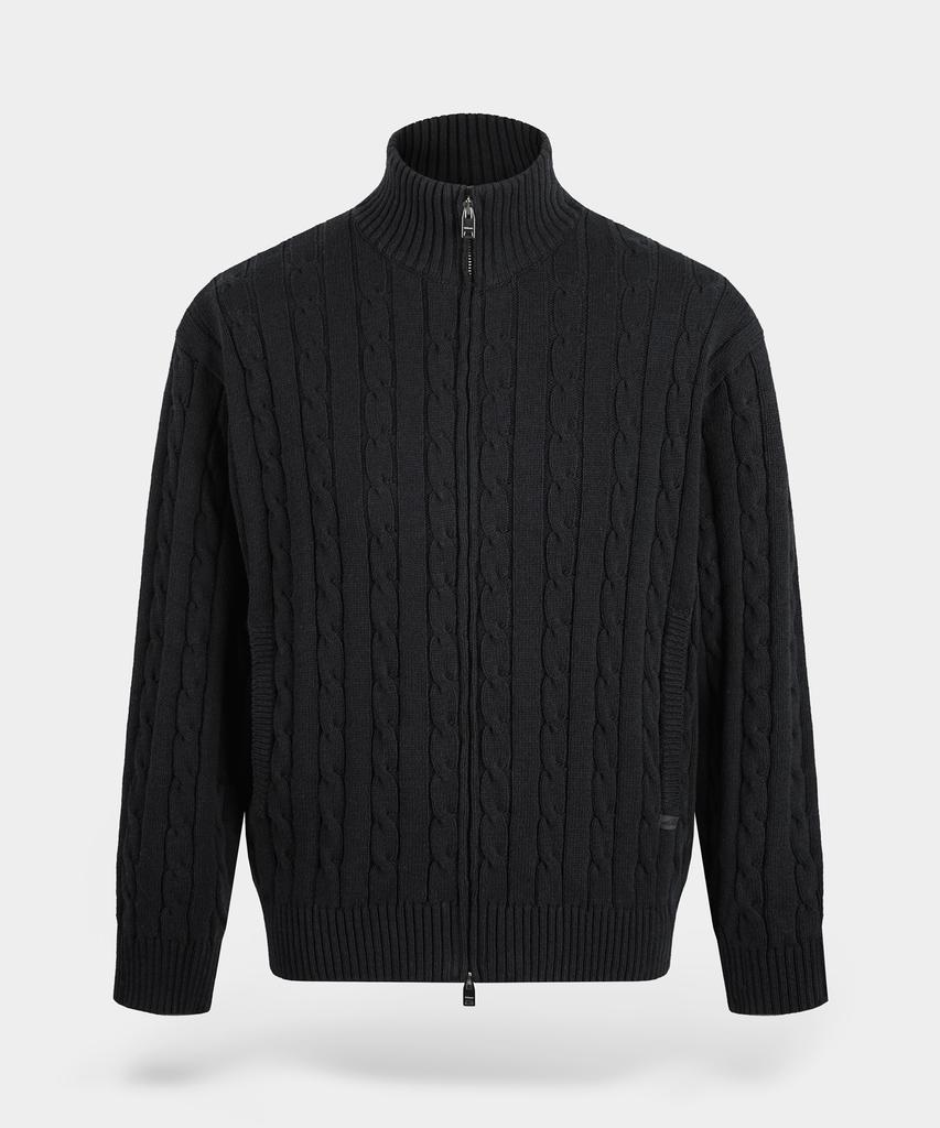 BIRBANTE Washable Cotton Cable Two-Way Knit Zip-Up - Black