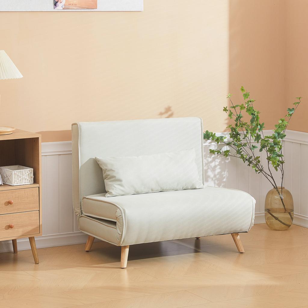 Single Sofa Bed Adjustable Backrest Lounger Nordic Scandinavian 25D Foam Home Linen-Imitation Rubberwood Cream White 94 x 78 x 80 cm