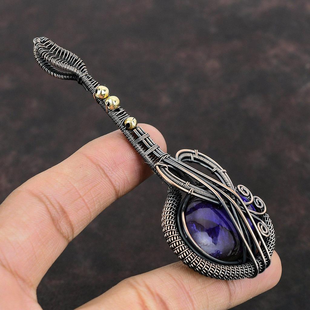 Подвеска из фиолетового огненного лабрадорита, подвеска из драгоценного камня с медной проволокой, подвеска ручной работы, подвеска из медной проволоки, ювелирное изделие в подарок маме, подвески в виде гитары