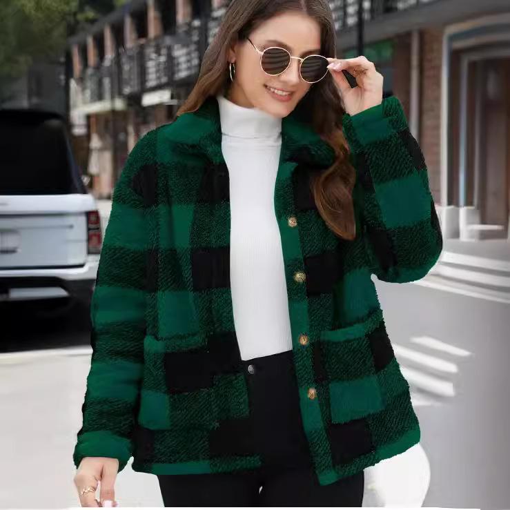 Winter Warm Jacket Women's Plaid Thick Plush Pocket Cardigan Button Jackets
