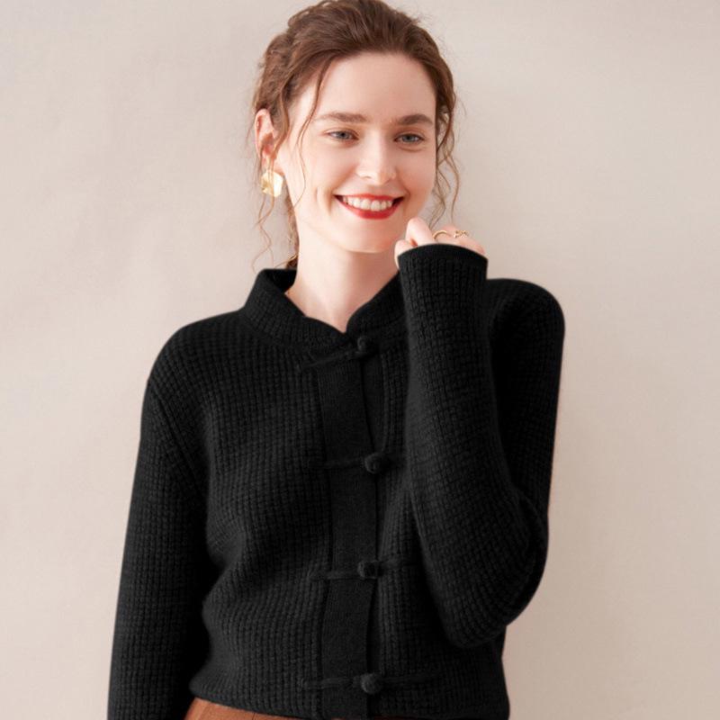 Women's Cashmere Cardigan with Frog Button and Qipao Collar - 100% Pure Wool, Retro Style, Thick Knit Sweater Coat