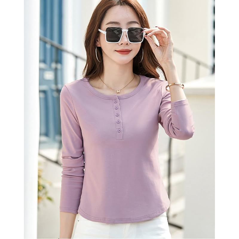 [JHIJSC] t-shirt ladies long sleeve spring cotton tight Plain color Fashionable cute large size (JP, alphabet, L, pink)