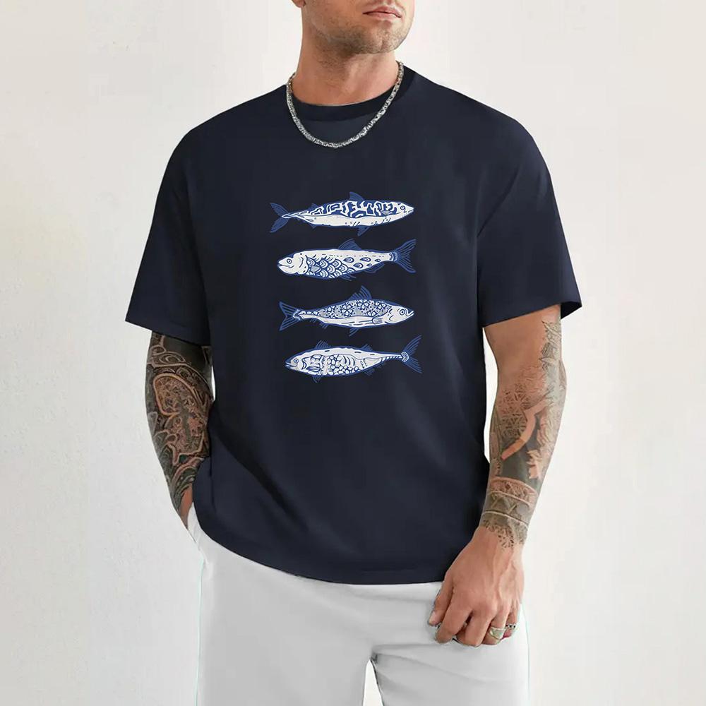 2026 New Fish Pattern Print High Quality 100 Cotton Tshirt with Round Neck Summer Trend Short Sleeves Street Hip Hop Top
