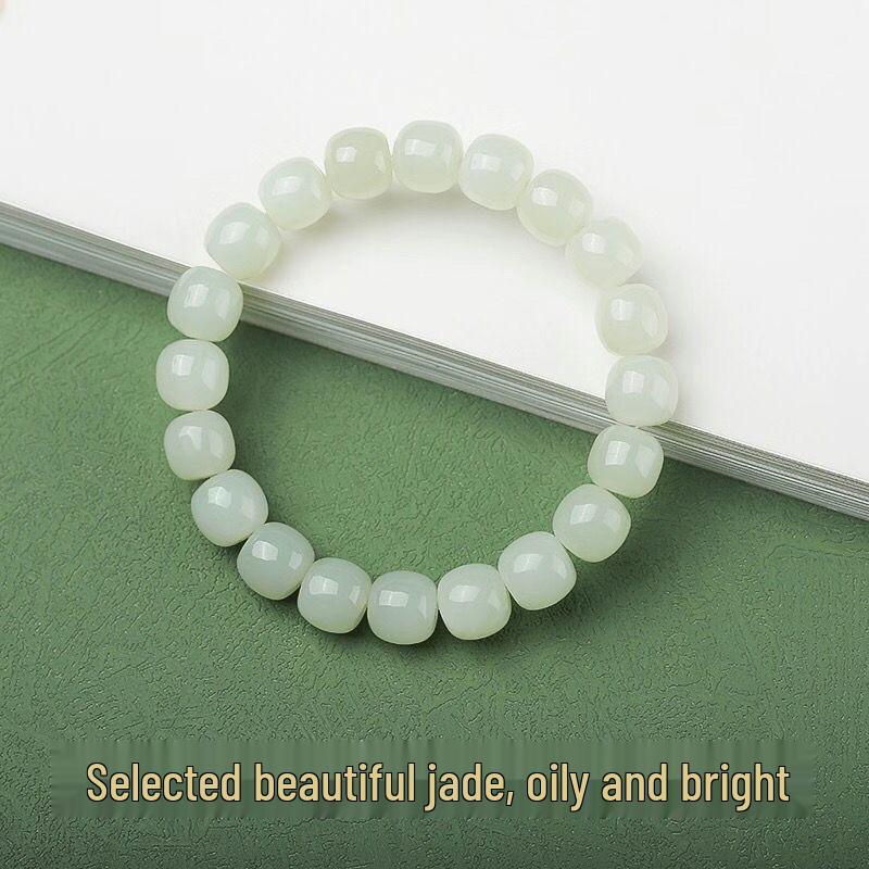 Подлинный браслет из круглых бусин из нефрита Хэтянь - Настоящий камень нефрита цинбай из озерной воды для мужчин и женщин