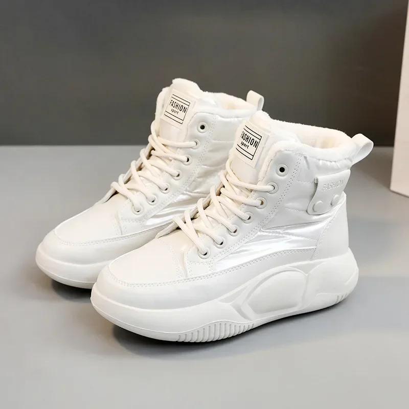 Fashion Round Toe Chunky Shoes for Women Lace-up Platform with Laces White Womens Snow Boots High Boot Female Trend 2024 Hot Pu Work Y2k