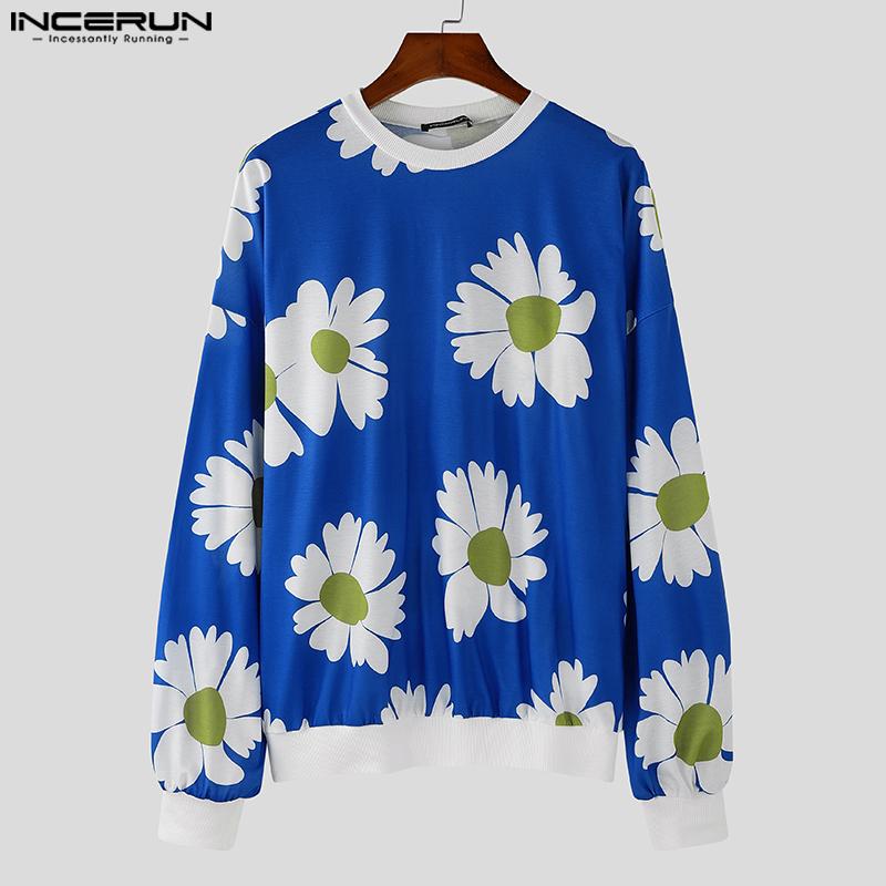 INCERUN Мужские весенние тонкие толстовки с длинным рукавом и круглым вырезом в стиле пэчворк с цветочным принтом