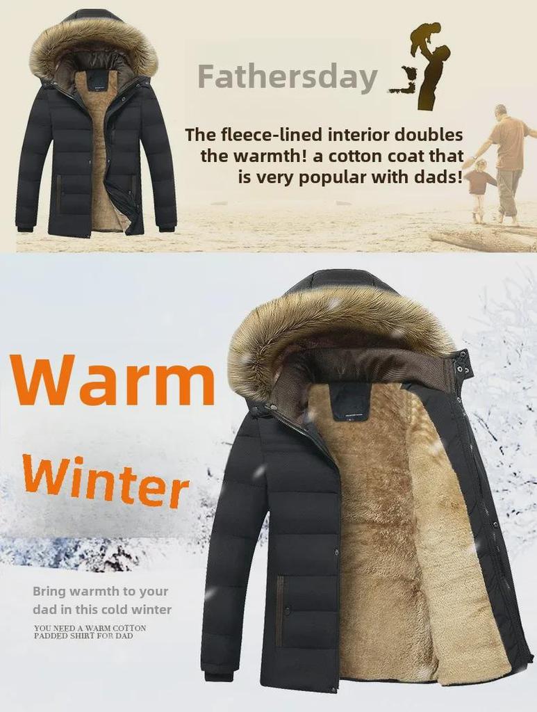 Мужская зимняя хлопковая куртка с капюшоном 2021 года — теплая и плотная, идеально подходит для пап среднего возраста