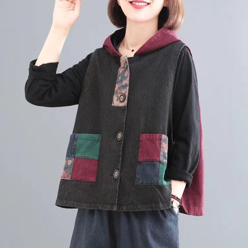 Хлопковый женский жилет на весну и осень, джинсовый кардиган больших размеров, жилет в стиле ретро с капюшоном и карманами, жилет с принтом