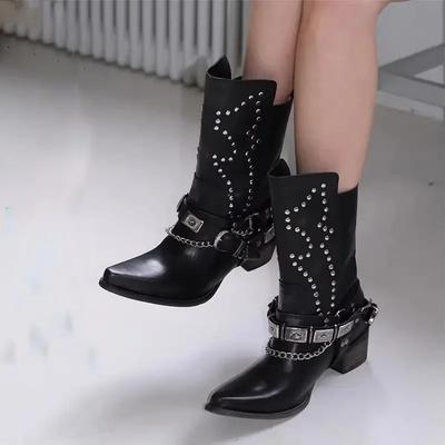 2025 Черные женские ботинки челси с острым носком, панк-металлическими заклепками, в стиле вестерн, ковбойские