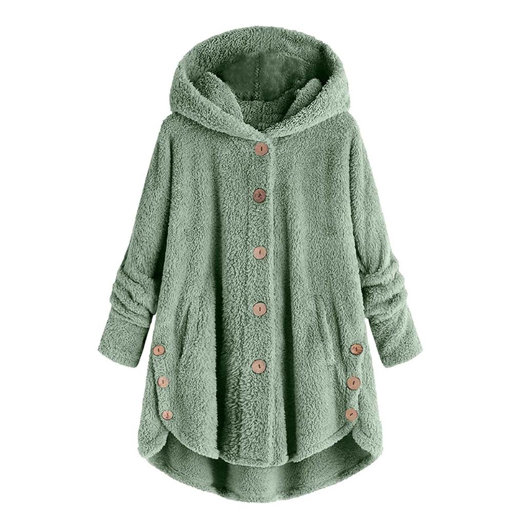 Women's Fashion Solid Color Pocket Button Hooded Loose Casual Plush Jacket
