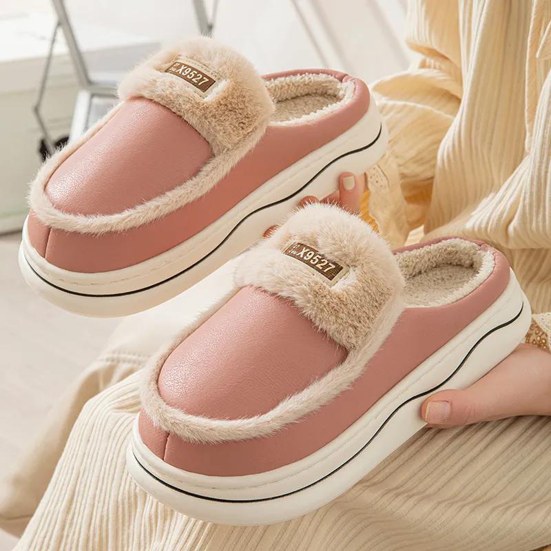 WTEMPO Пара ПУ толстый плоский каблук плюшевые теплые домашние тапочки искусственная кожа закрытый носок осенне-зимние хлопковые тапочки