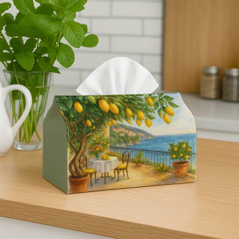 1pc, 2d Flat Printing, Tissue Box Whimsical Mediterranean Art Tissue Box Holder- Lemons Terrace Design, Party Tissue Box, Multifunctional for Kitchen&