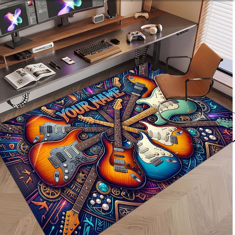 Music Guitar Theme Soft Crystal Velvet Rug Custom Name & Text Print Non Slip Floor Rug for Bedroom Living Room