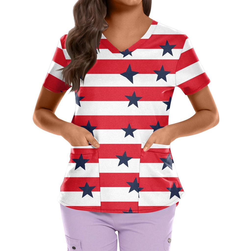 Plus Size Printed Scrub Working Uniform Tops For Women's Cross V Neck Independence Day Print Short Sleeve Fun T-Shirts Workwear Tee With Pockets