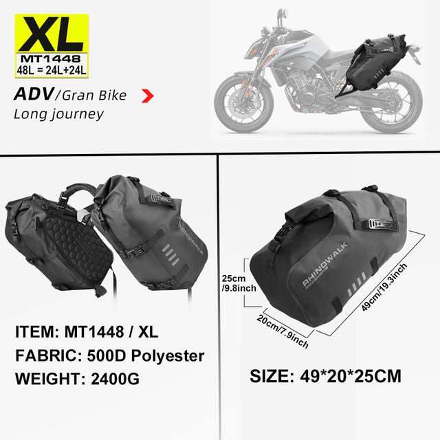 Rhinowalk 2 Pcs Motorcycle Saddle Side Pannier Bag 18L/28L/48L Waterproof Universal Motorbike Riding Luggage Storage Travel Bag