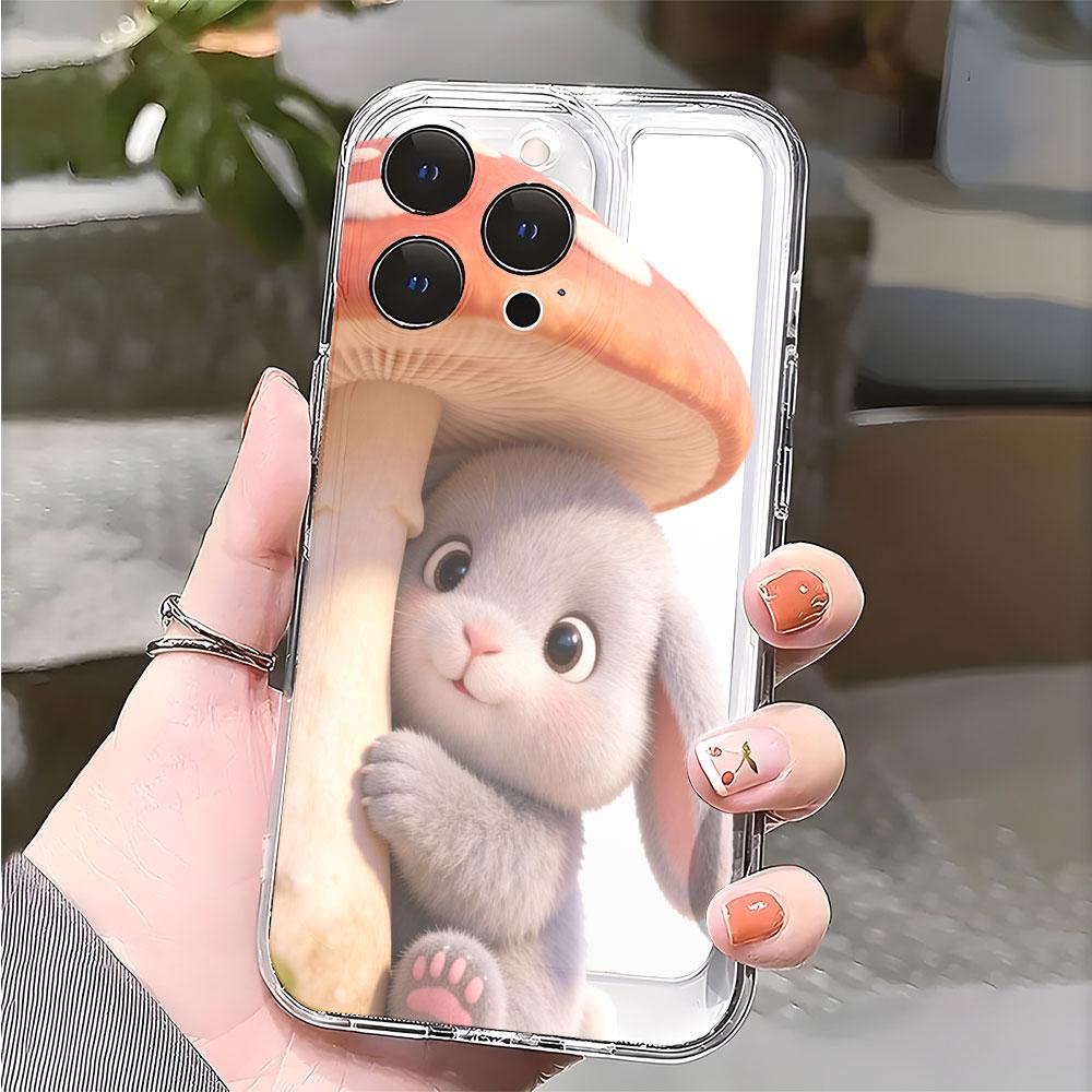Grey Rabbit Under Red Mushroom Phone Case for IPhone 14 15 16 17 13 12 11 Pro Max Plus 12 13 Mini TPU Protect Cover