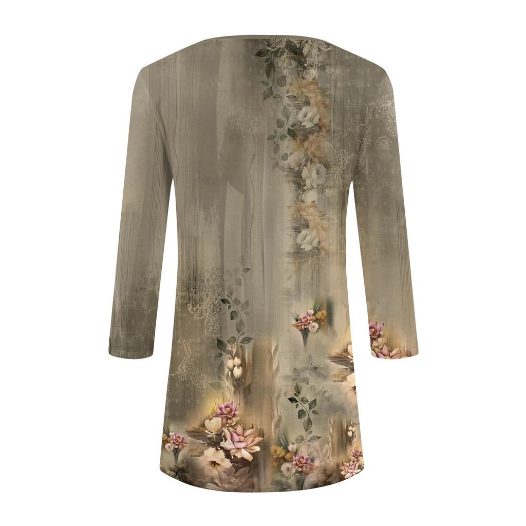 Женская модная повседневная рубашка с круглым вырезом и цветочным принтом, рукавами-семью, свободным удобным топом с поясом