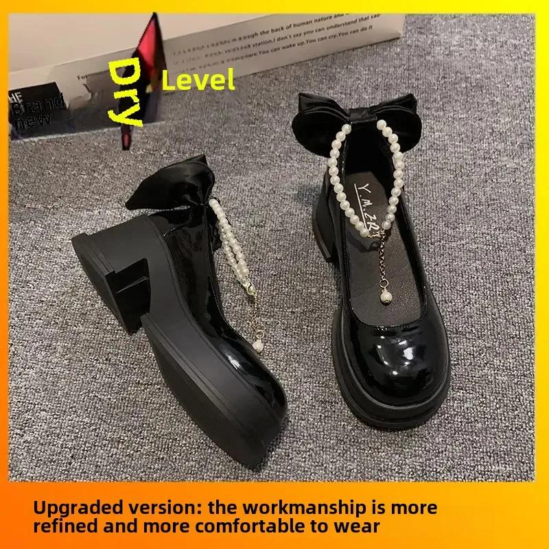 Модная женская обувь на плоской подошве в японском стиле Весна 2025 Новые милые универсальные туфли Мэри Джейн с бантом и большим каблуком из маленькой кожи