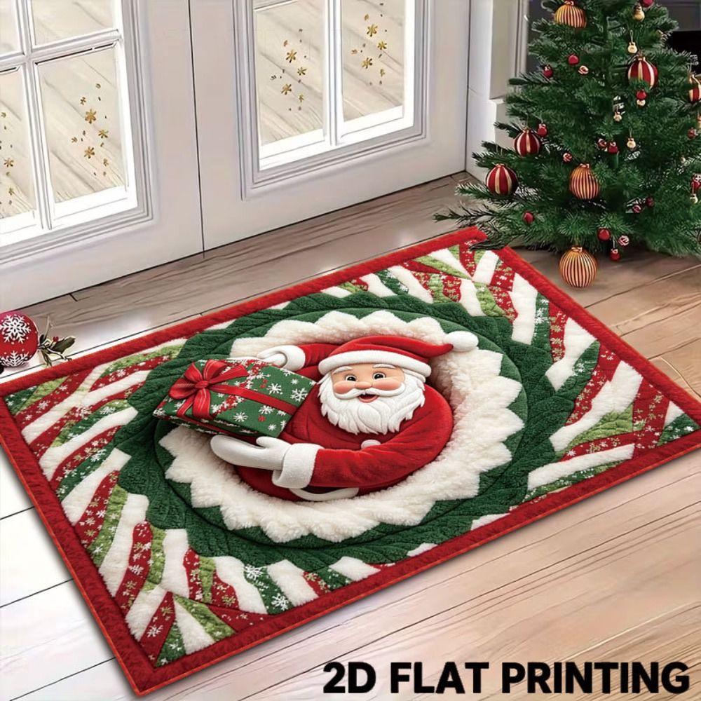 2D Flat Santa Door Mat Faux Cashmere Christmas Bath Mat Decorative Floor Rug Christmas Home Decor