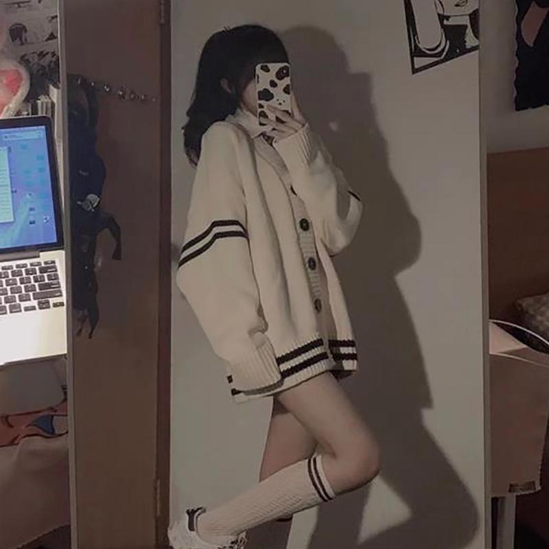 Striped Loose Cardigan Women Vintage Autumn Winter Single Breasted Sweater Streetwear Casual Korean Female Knitted Coat